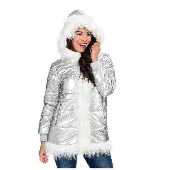 Donna Salyers Fabulous Furs Coat Women 2X Silver Metallic Hooded Faux Fur Puffer - Picture 4 of 12